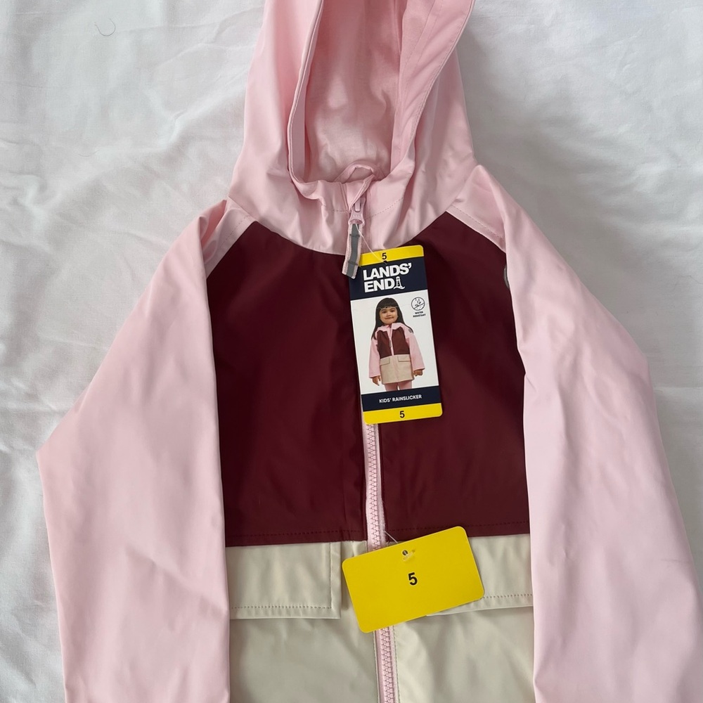 NWT: Lands' End Kids' Pink and Maroon Hooded Rain sicker Jacket